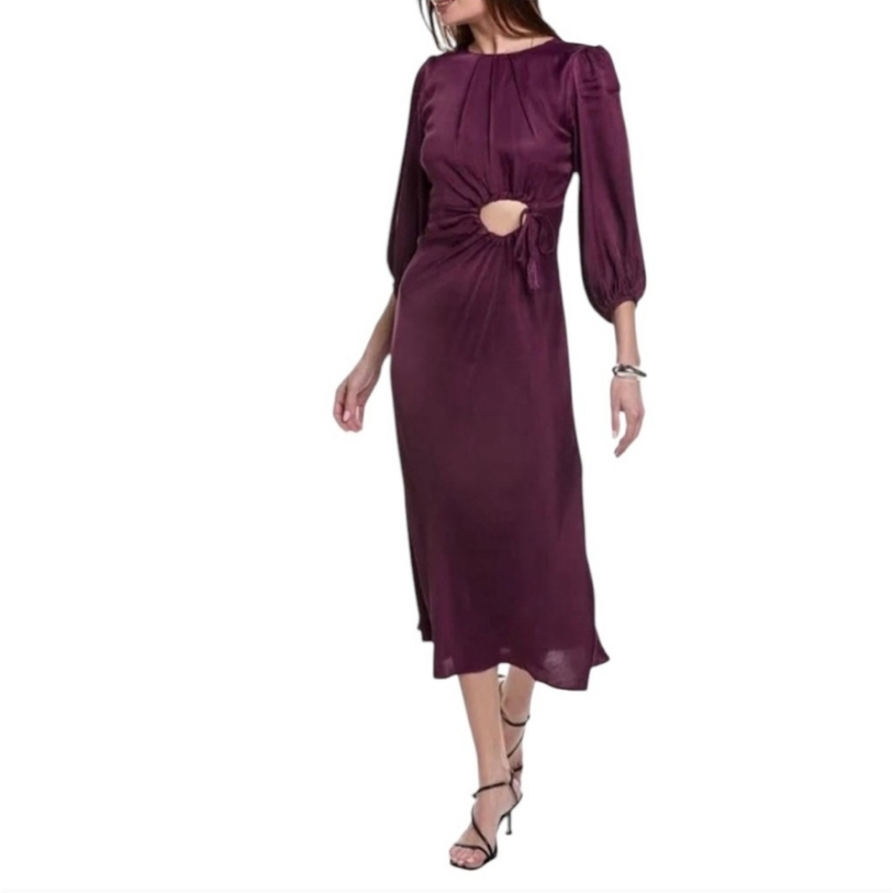 NWT Farm Rio Balloon Sleeve Waist Cut Out Midi Dress in Burgundy, Size L
